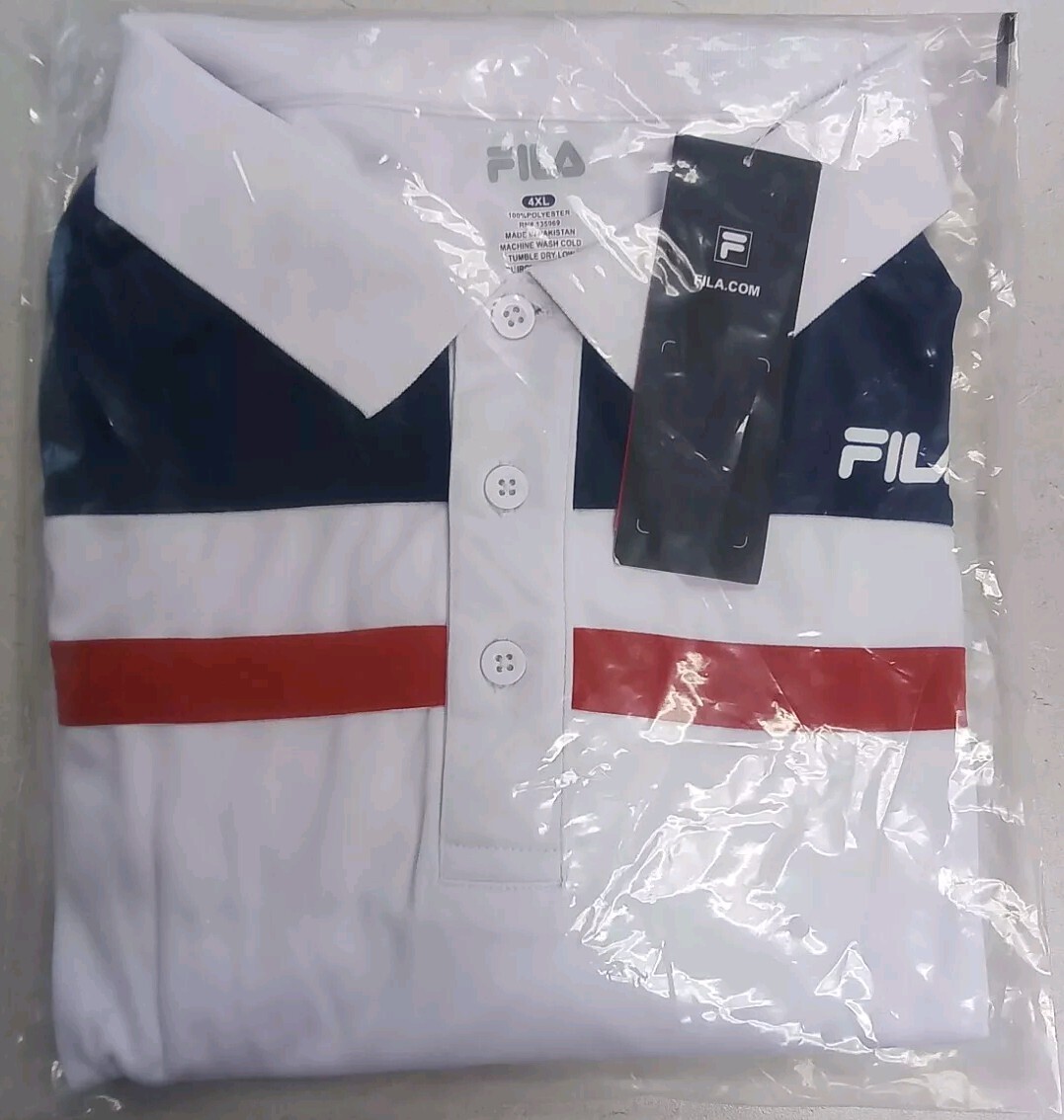 Fila Poly Polo Men’s Big & Tall T-Shirt W/PCD YOKR Trim Size 4XL White/Red/Navy
