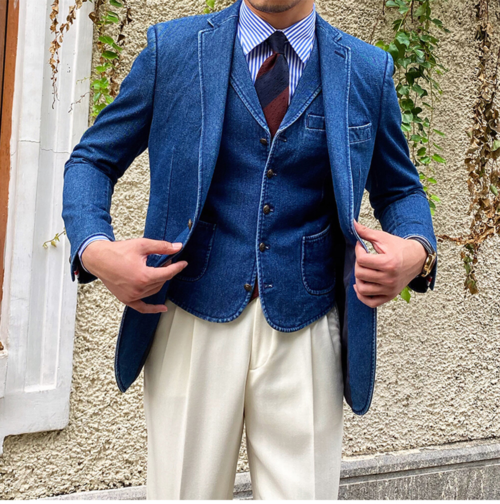 Denim Men Suits Single-Breasted Jacket Notch Lapel Blazer Business Casual Wear