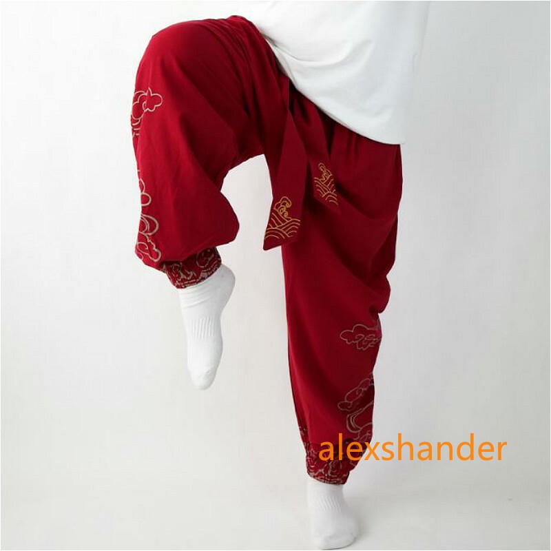 Men Chinese Kung Fu Pants Tai Chi Trousers Wushu Lace Up Martial Arts Sports Red