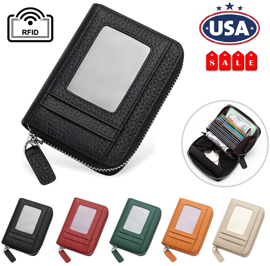 Genuine Leather Men Women Wallet Credit Card Holder RFID Blocking Zipper Pocket