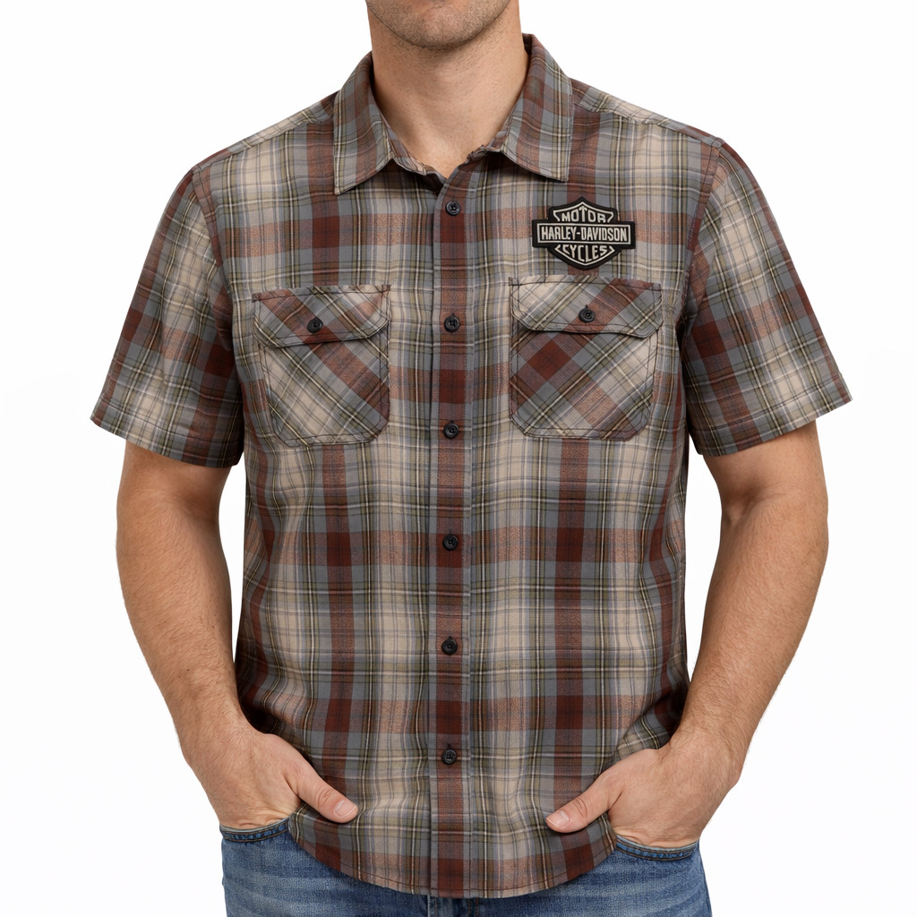 Harley-Davidson Men’s Plaid Button Short Sleeve Shirt, Brown – 96813-25VM