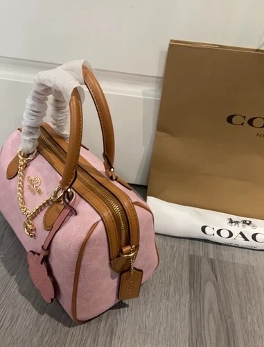 Coach Rowan Satchel Bag Signature Canvas With Charms Gold/Powder Pink CEA18 New