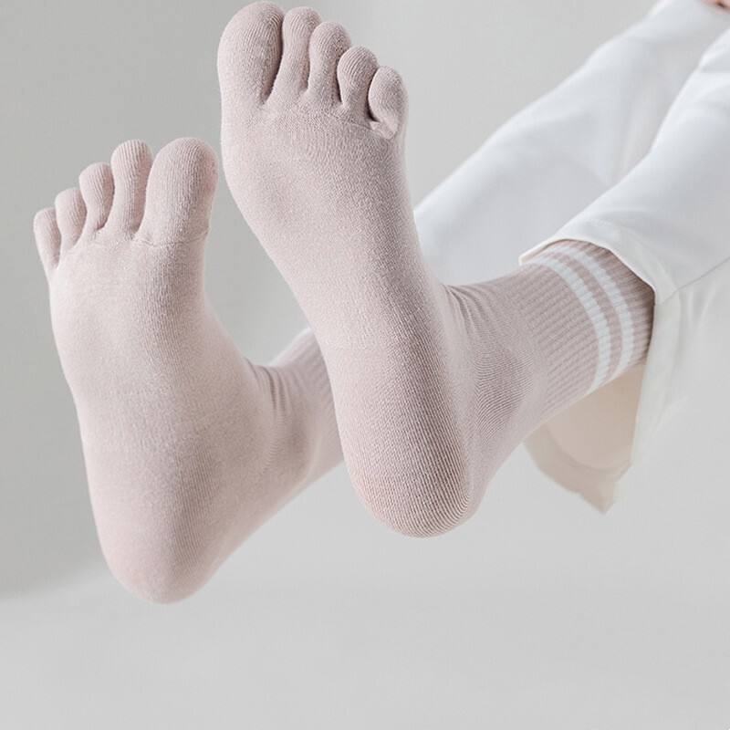 Women Crew Ankle Five Finger Toe Striped Solid Casual Girls Cotton Socks 5Pairs