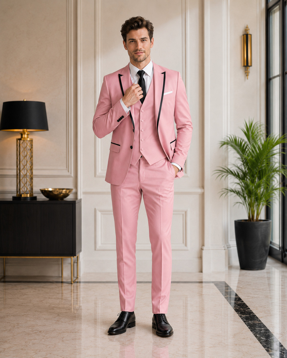 Mens Pink 3 Piece Suit Black Trim Blazer Vest Pants Wedding Prom Formal Tuxedo