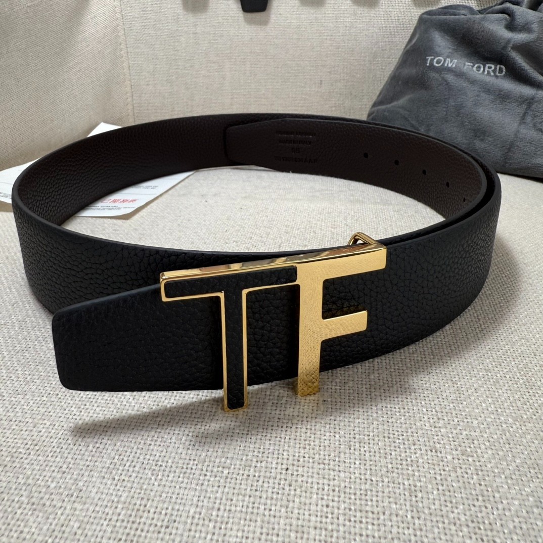 Tom Ford Reversible Black/Brown Calfskin Belt with Gold Metal T-Buckle Belt
