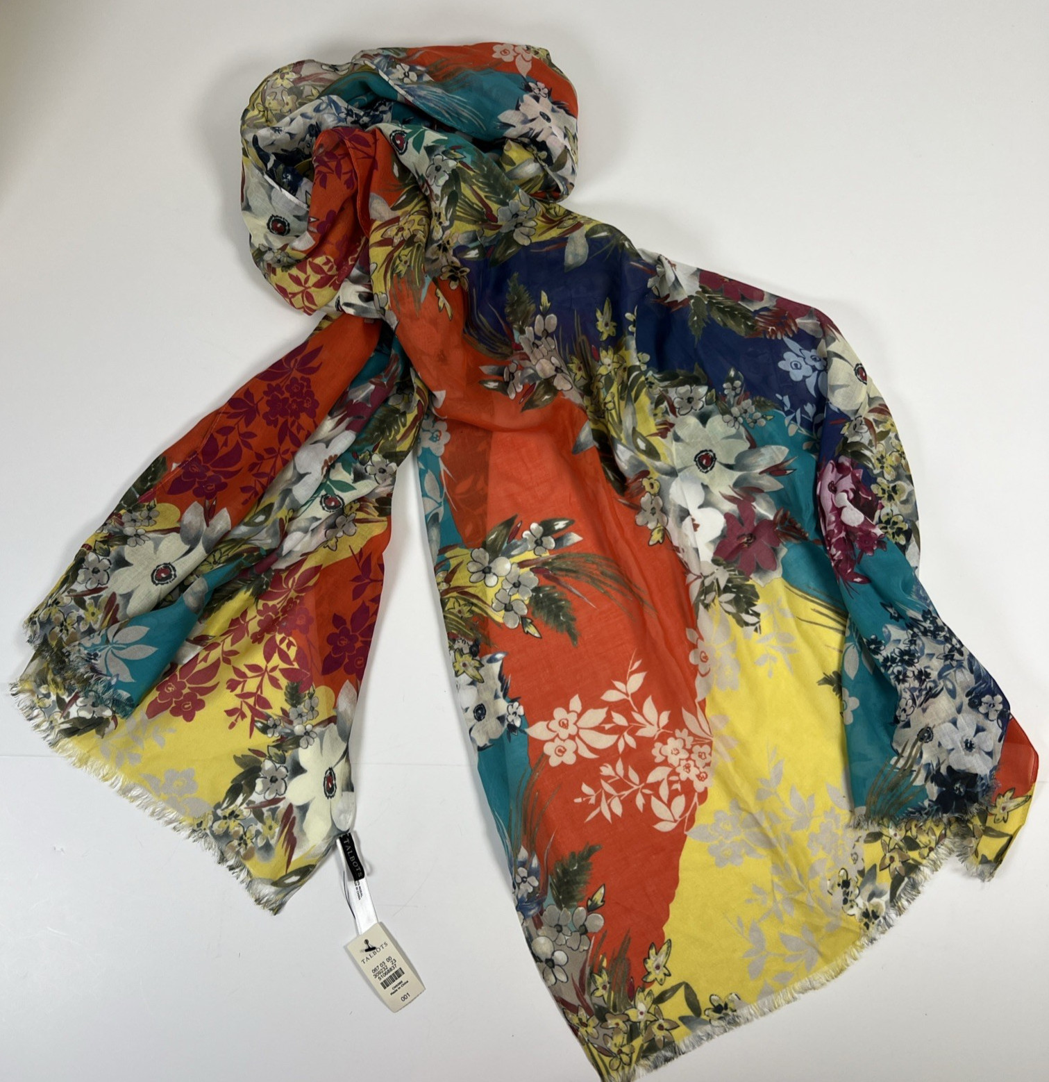 Talbots 100% Modal Scarf 75” X 27” White Teal Yellow and Orange Floral NWT
