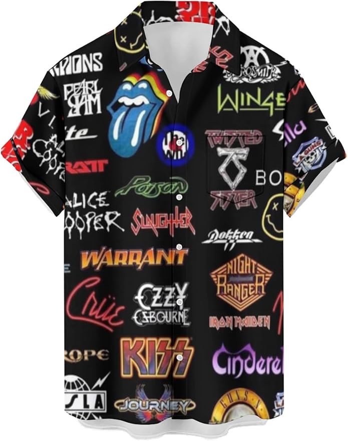 Mens Rock Shirts Band Collage Printed Shirt for Men Short Sleeve Punk
