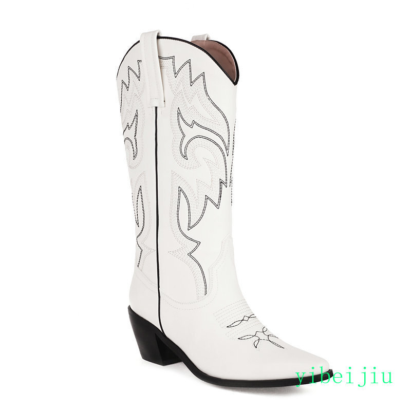 Women’s Western Cowboy Mid Calf Boot Embroidery Sweet Candy Heel Leather Shoes