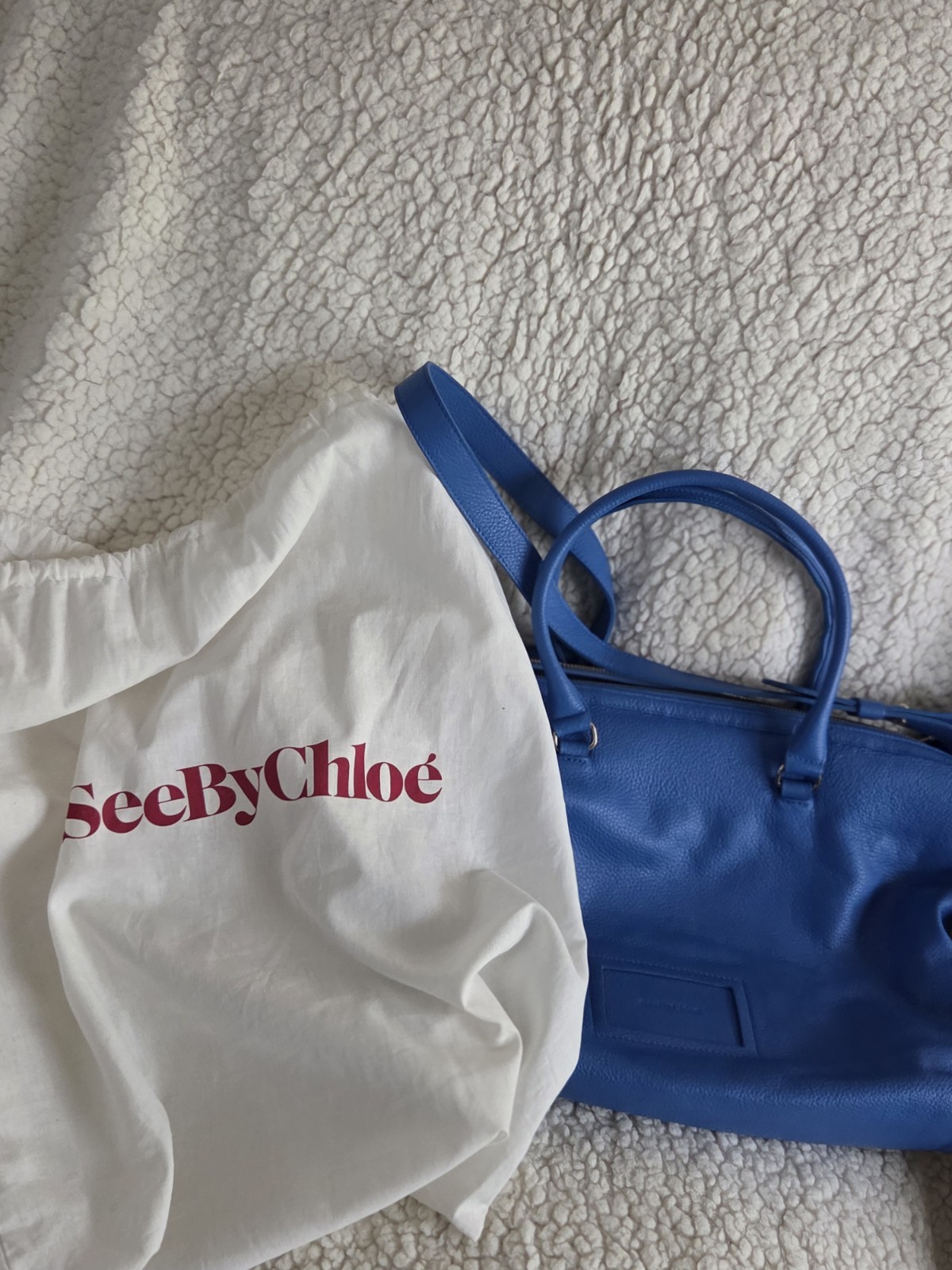 See by Chloé Blue Medium Satchel Top Handle Gold Hardware Adj Strap Zip Dust Bag