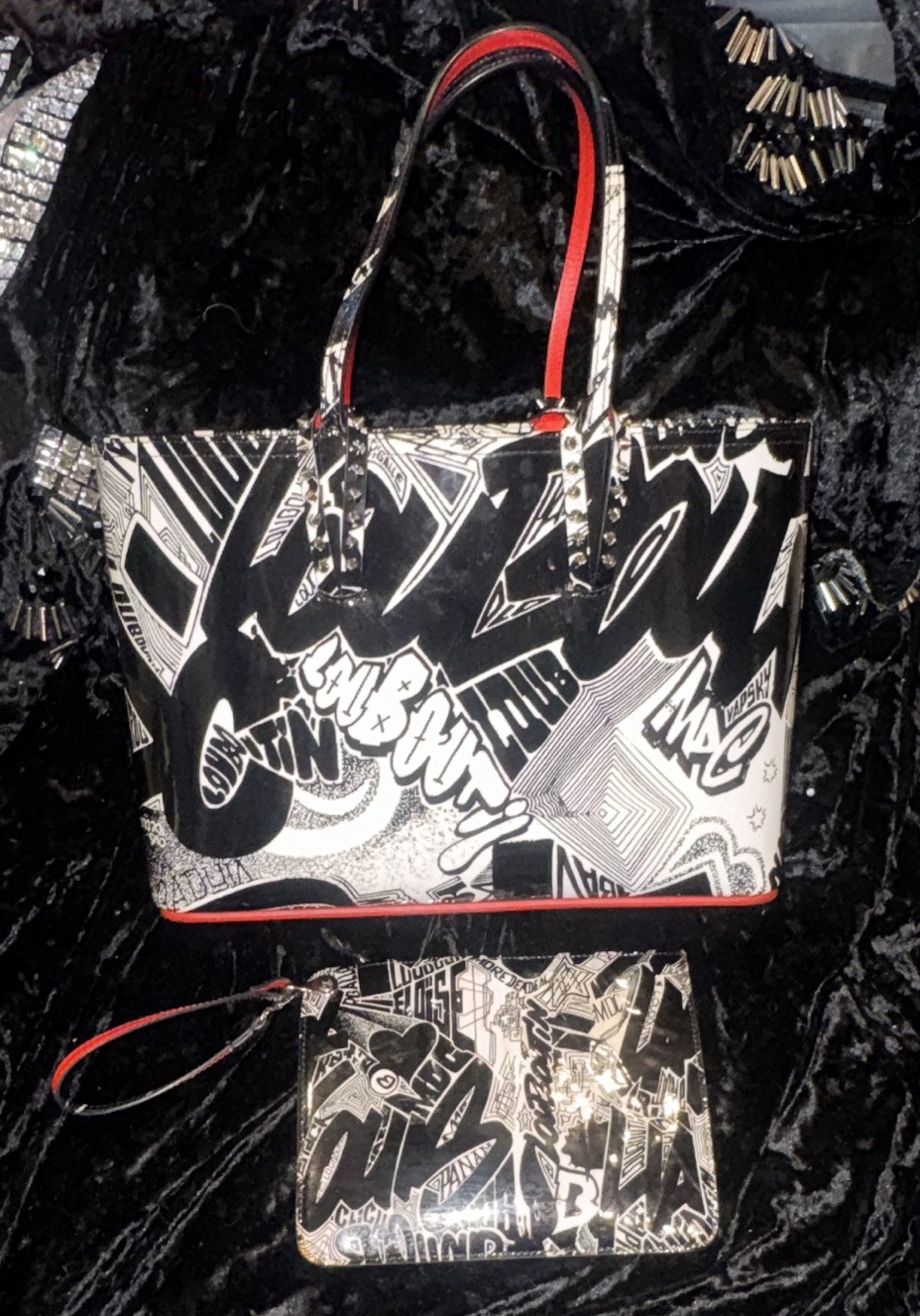 Christian Louboutin Cabata Large Graphic Print Studded Tote Wristlet Red Lined