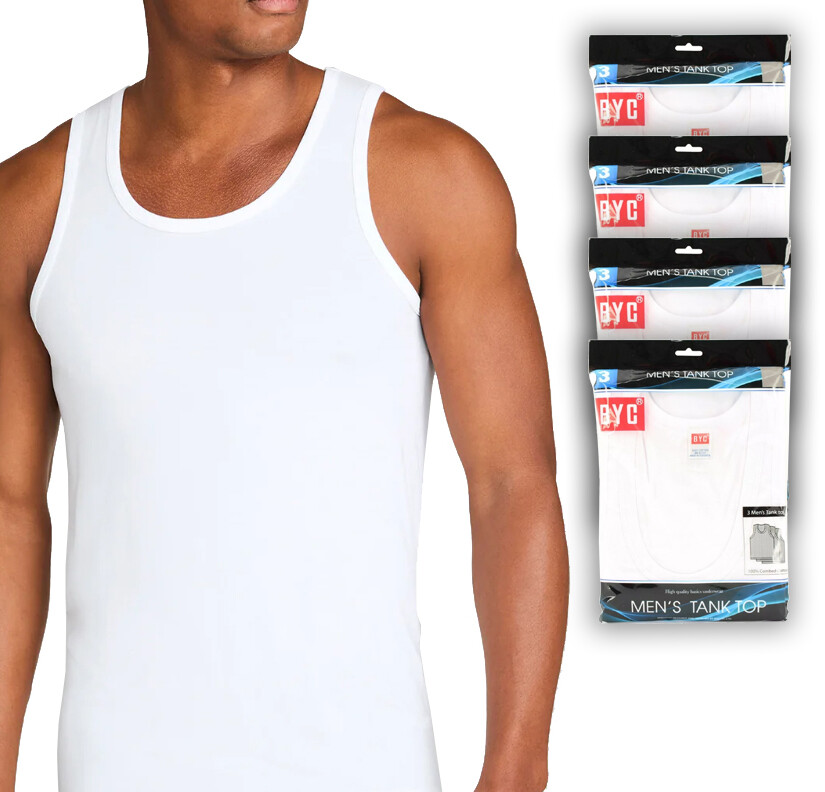 BYC Men’s White 100% Cotton Undershirts Tank Top A Shirts Pack of 12