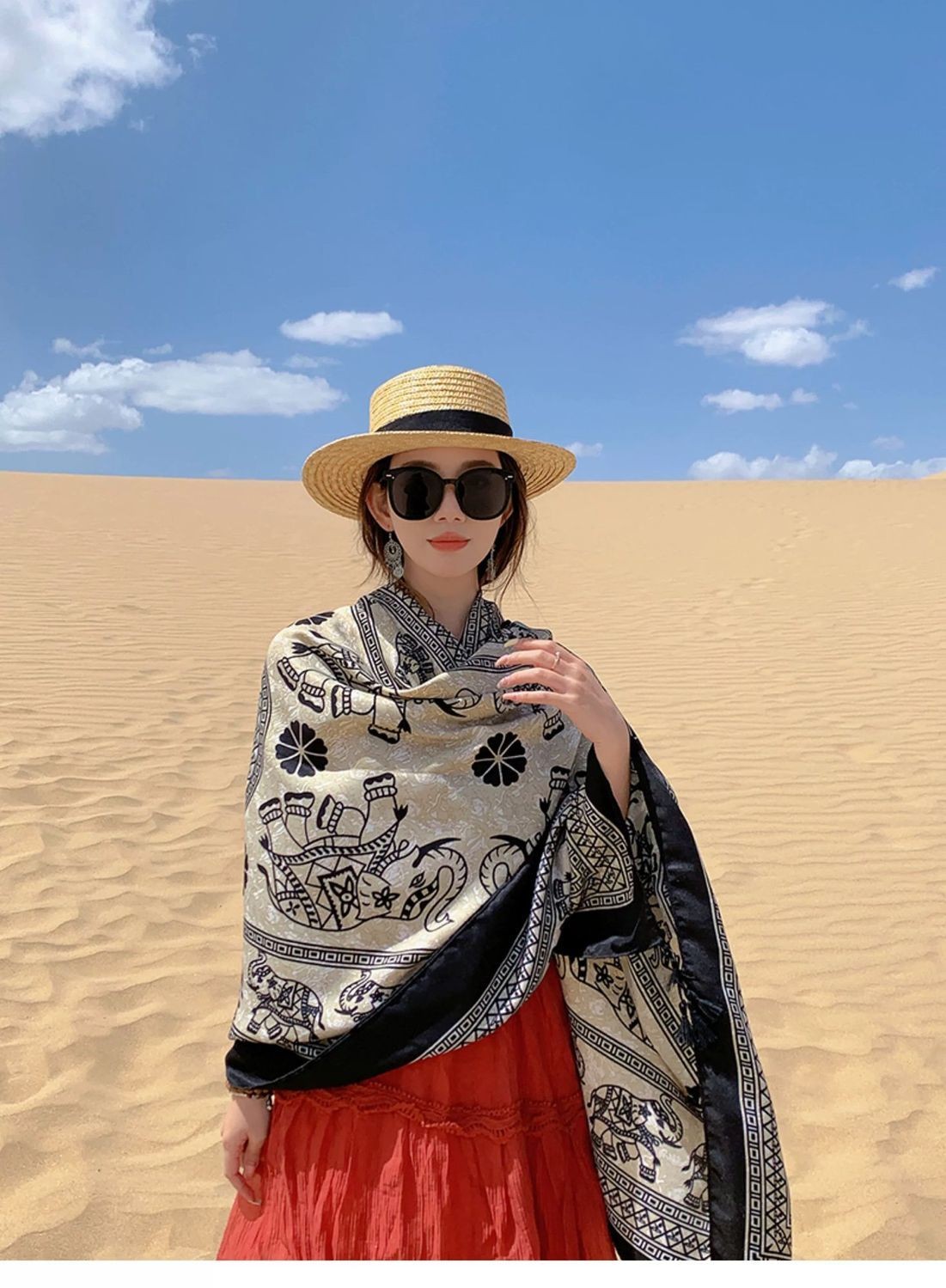 Elephant Print Scarf Shawl Wrap Ethnic Lightweight Cover for Summer Travel Sun