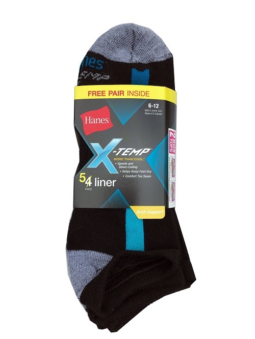 Hanes Men’s X-TEMP Black No Show Socks 5-Pack size 6-12 ” Arch Support ” “COOL”