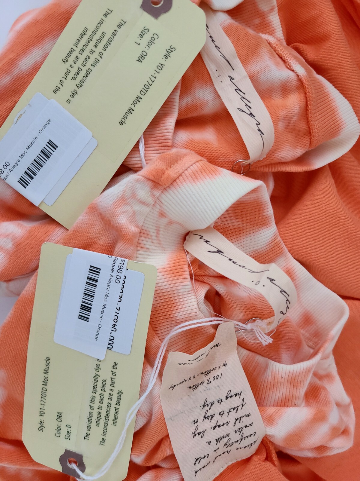 RAQUEL ALLEGRA NWT $198 Orange Tie-Dye Cotton Mock Neck Muscle T-shirt Sz 0 / XS