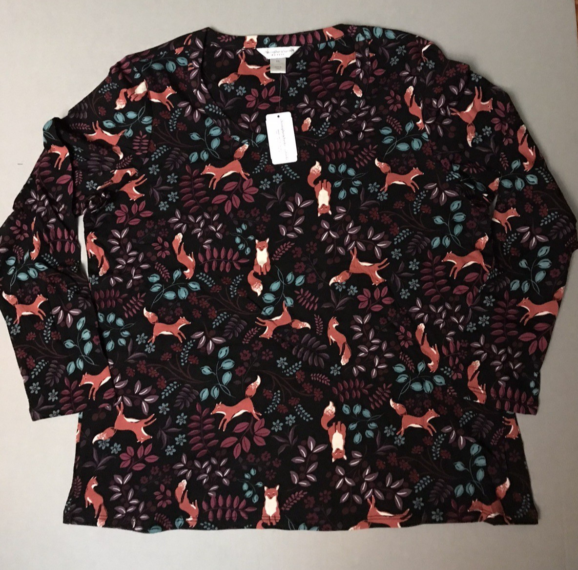 Christopher & Banks Women’s Sz XL All-Over Fox Print Long Sleeve Top NWT $44.95