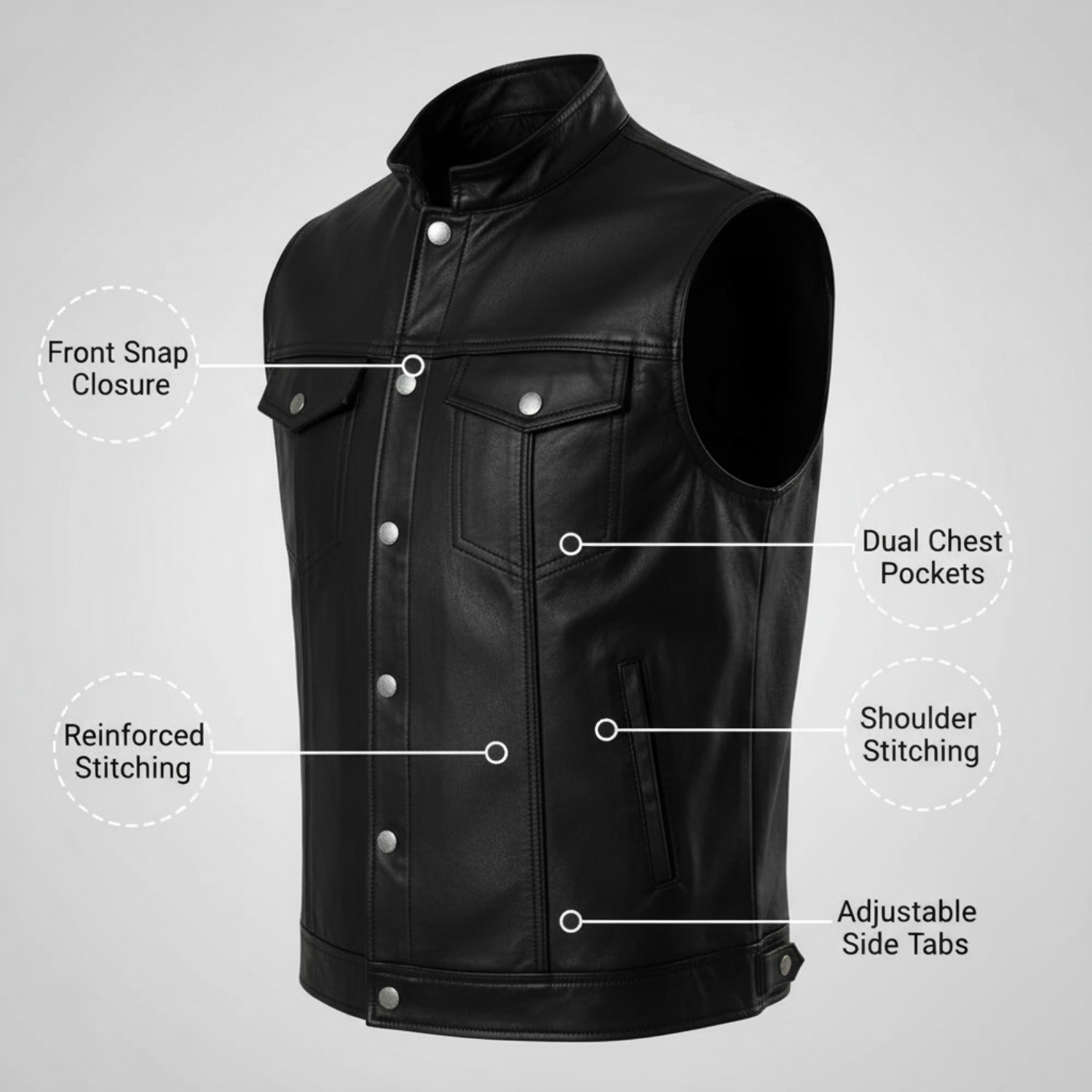 Classic Men’s Black Leather Vest Motorcycle Biker Riding Tactical Waistcoat