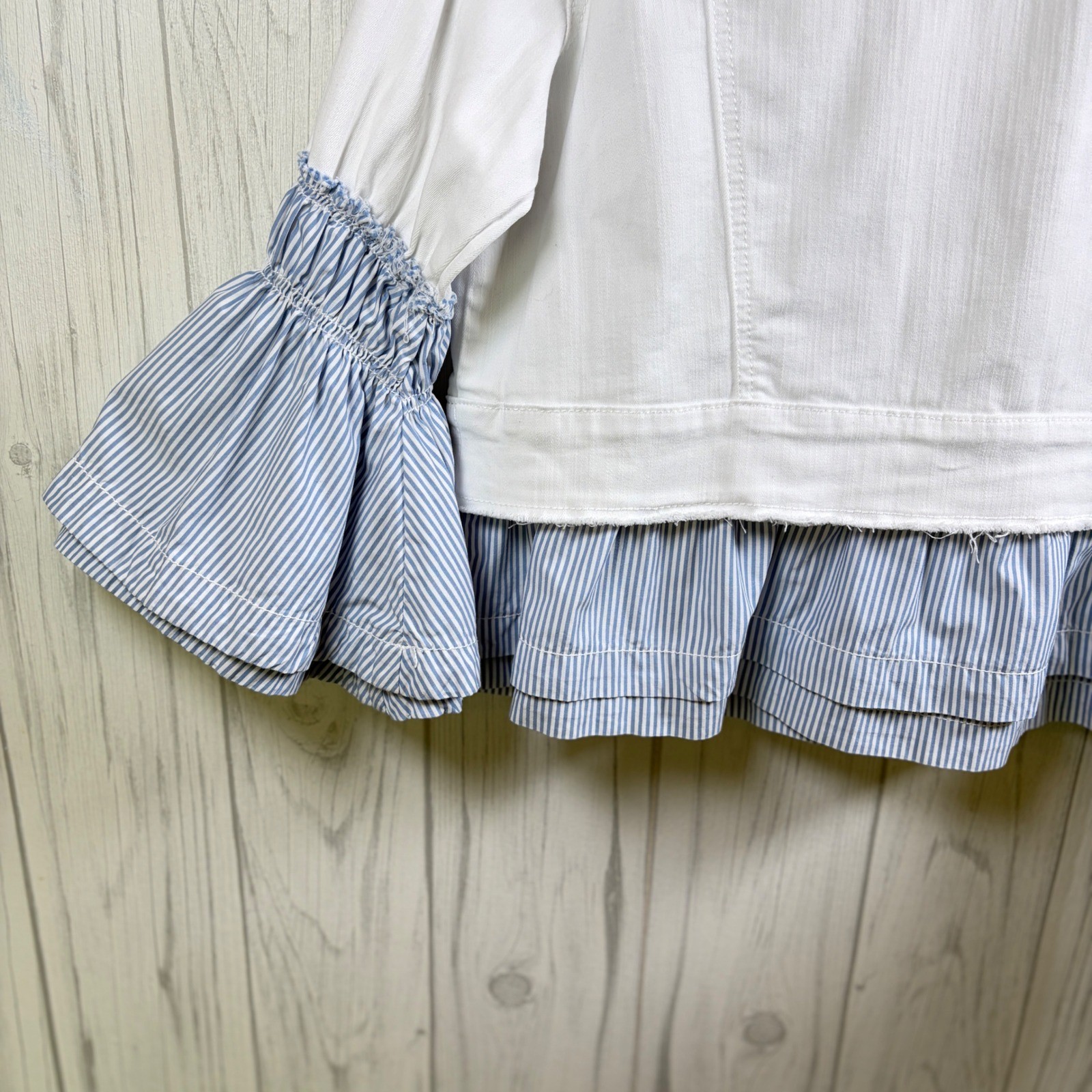 CROWN & IVY White Denim Jacket Blue Pinstripe Bell Sleeves and Hem, XLP