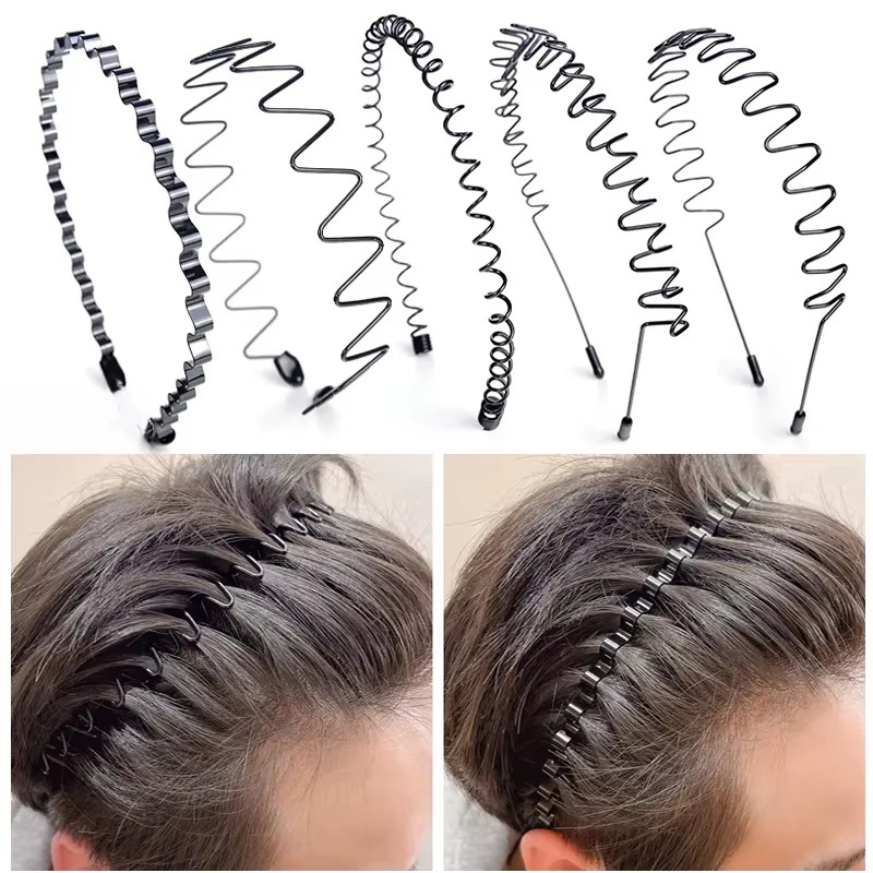 6/1Pcs Fashion Metal Hair Band for Men Women Unisex Black Waved Hair Head Hoop S