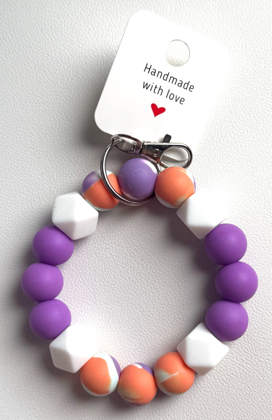 Silicone Beaded Keychain Wristlet Bracelet Purple Swirl