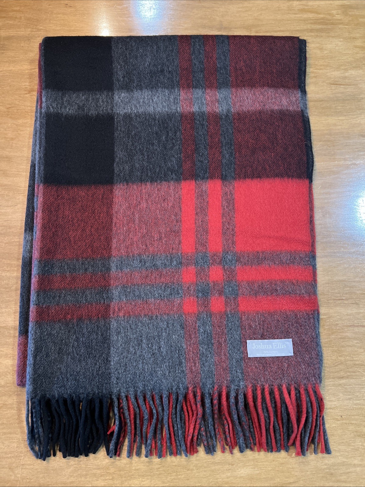Joshua Ellis 100% Cashmere Red Gray Plaid Check Scarf 28×75