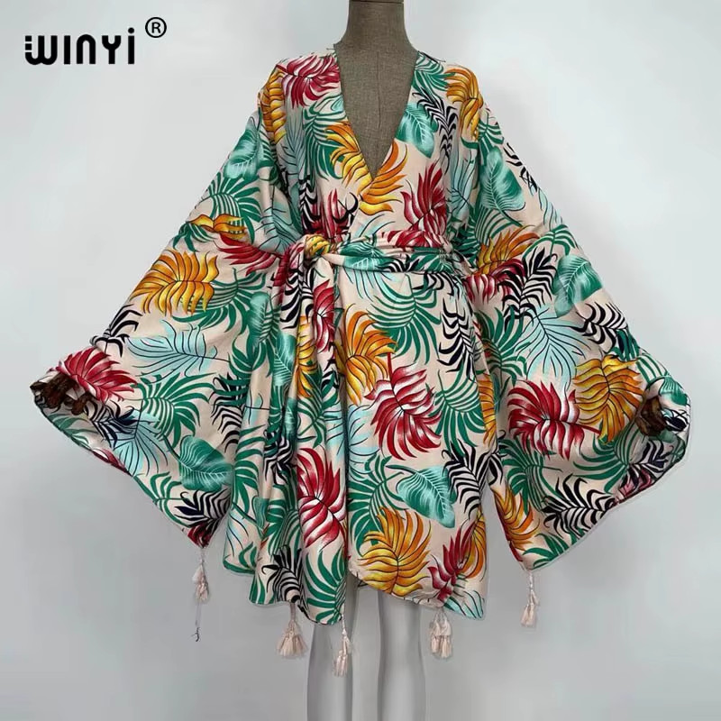 Red Africa Dress Women Cardigan Silky Robe Kimono Dress Cruise Wear Beach Dress