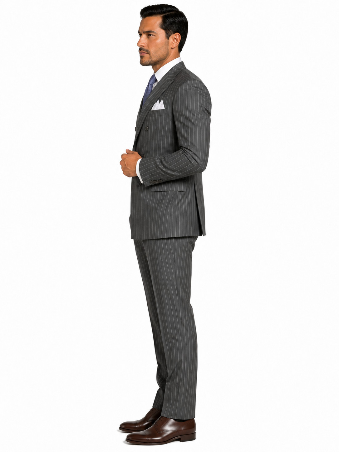 Charcoal Vinci Men’s Wool Feel 6 Button Striped Double Breasted Classic Fit Suit