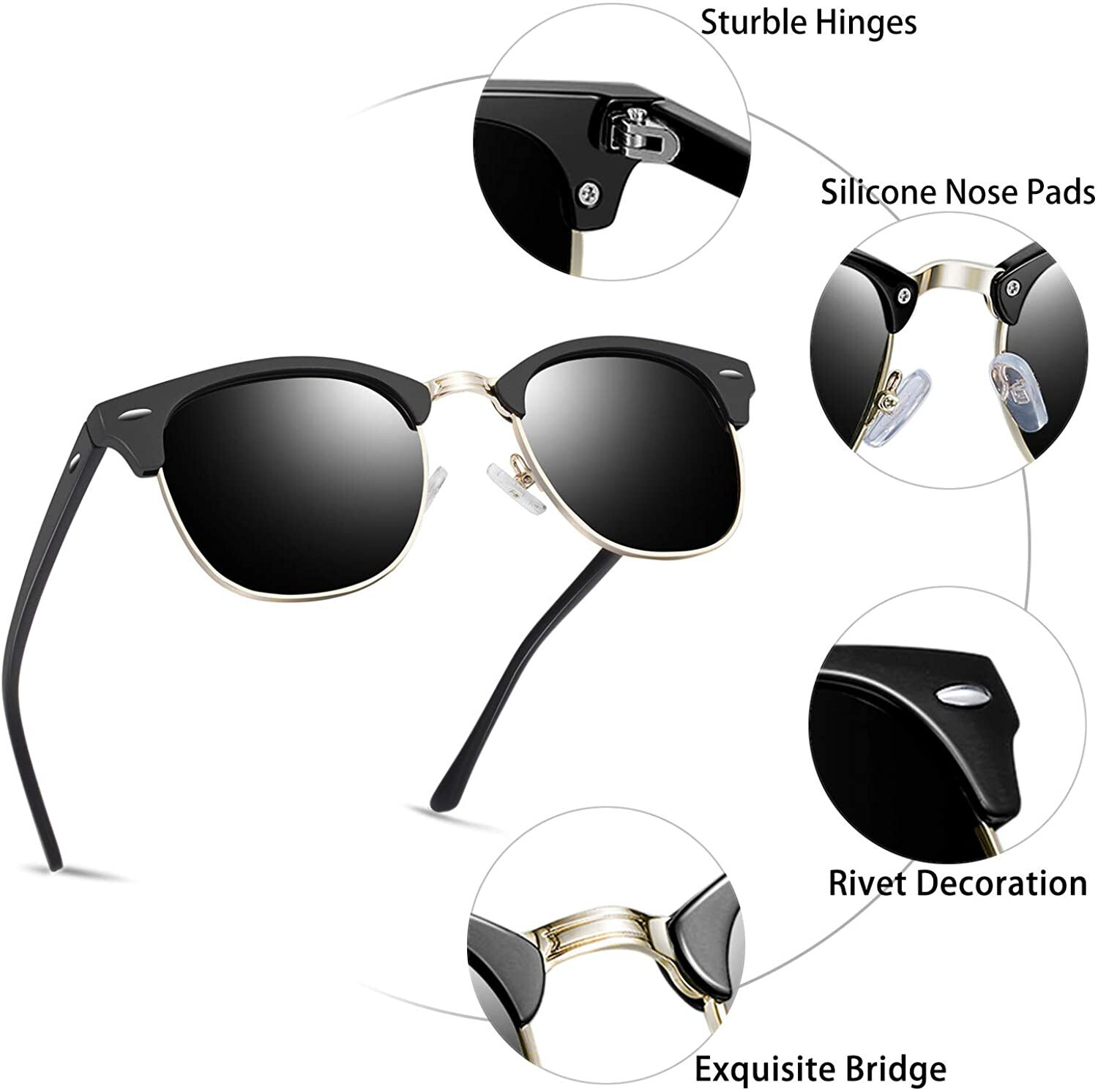 Retro Vintage Polarized Sunglasses Mens UV400 Half Metal Frame Club Sunglasses