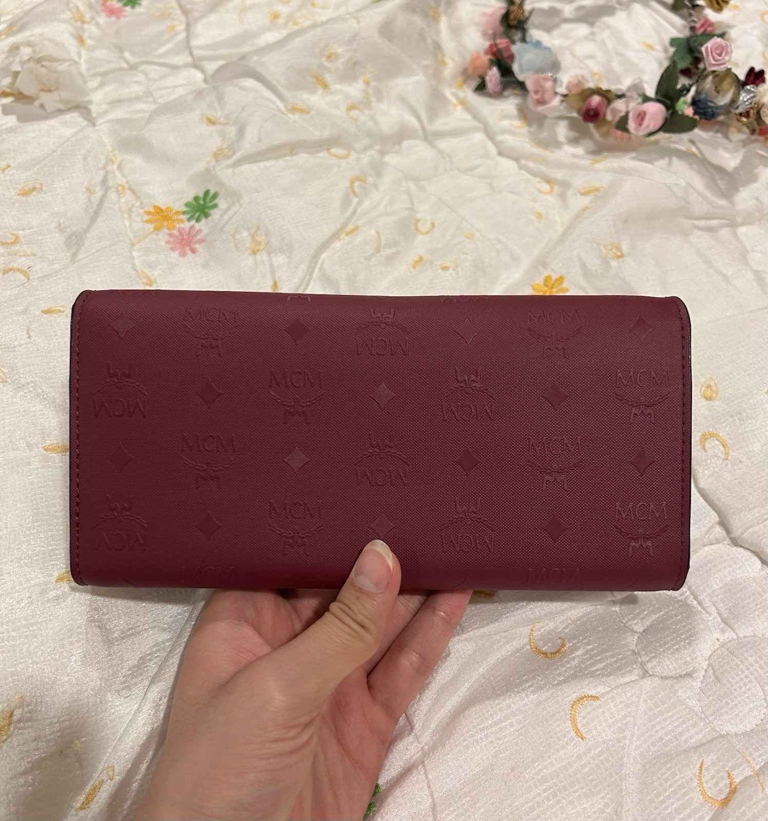 MCM Burgundy Embossed Monogram Leather Continental Flap Wallet NWOT