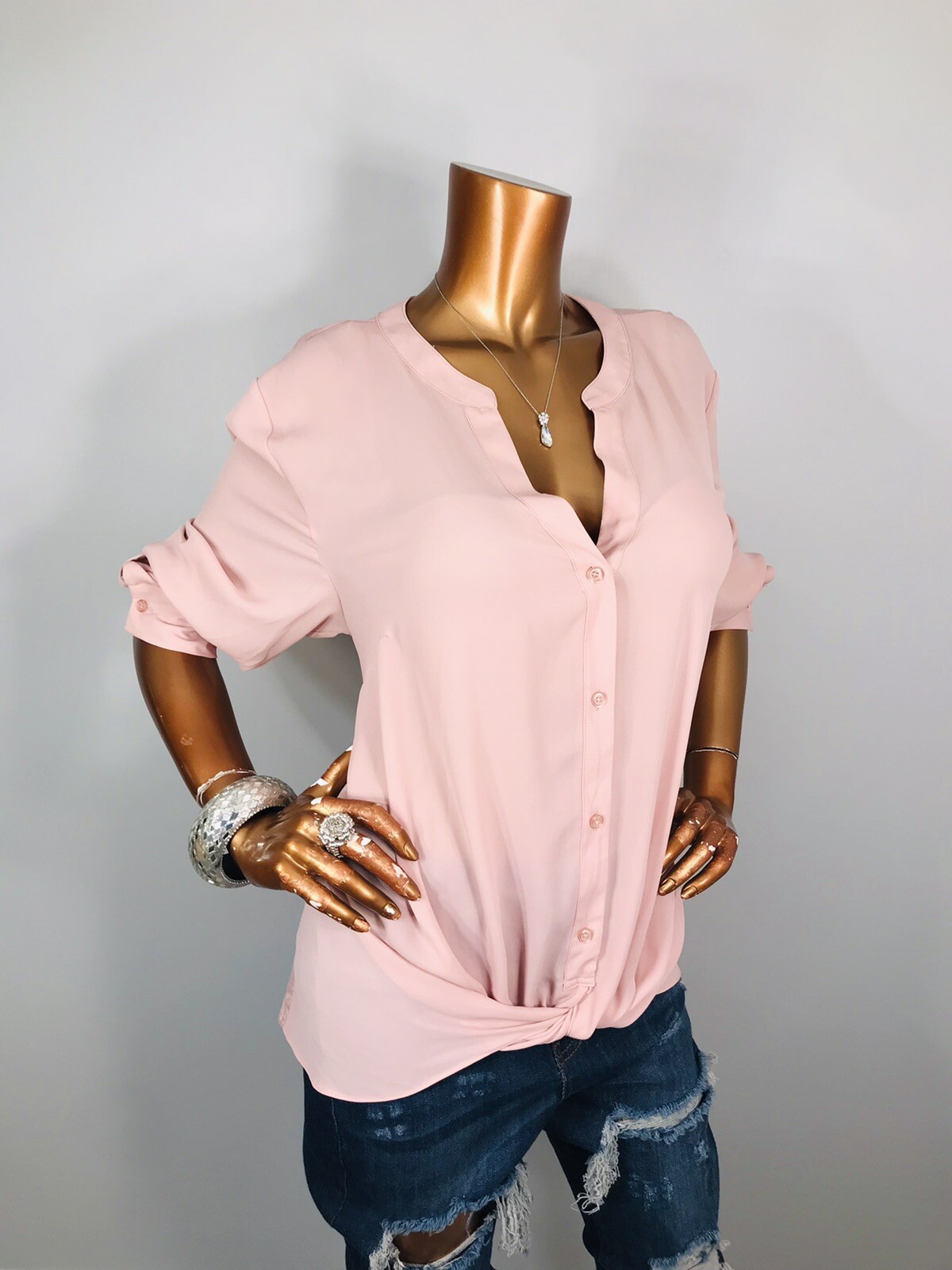INC XXL Top NWT $59 Twisted Hem Front Button Up Shirt Blouse Low V Cut Long Slvs