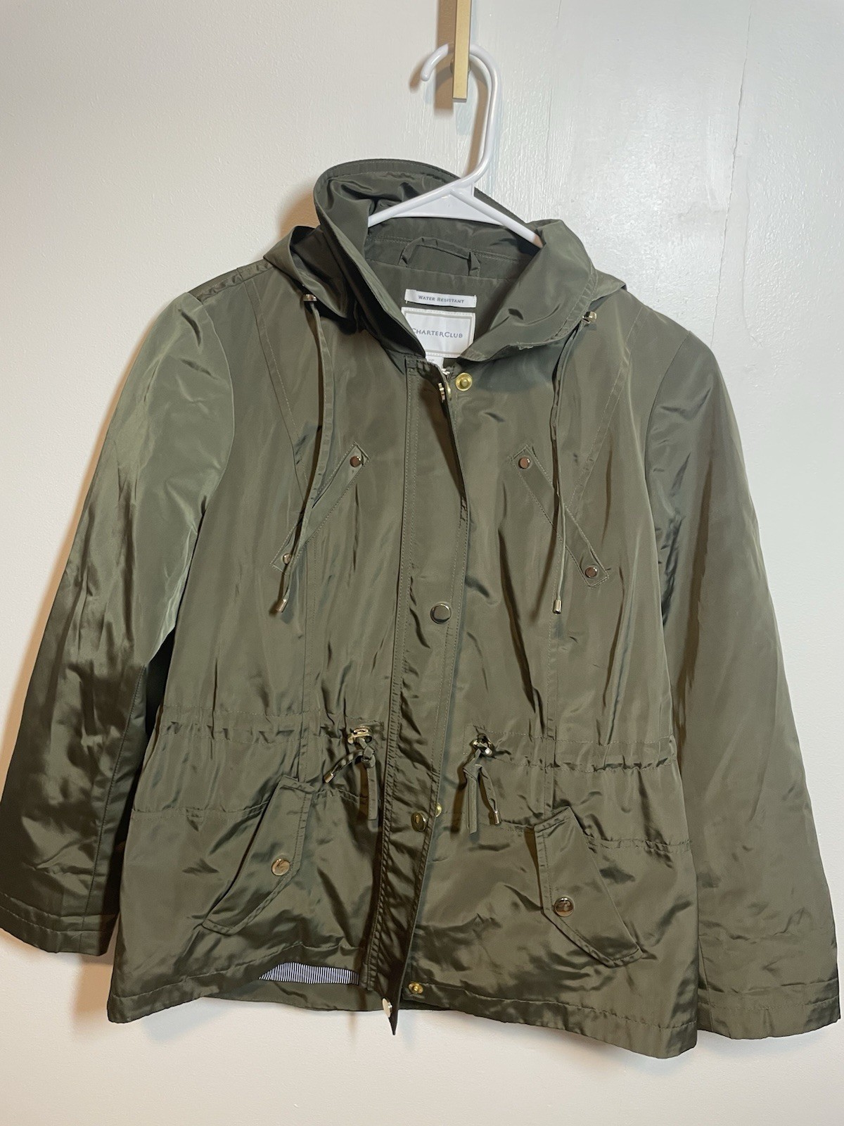 Charter Club Women’s Green Hooded Water Resistant Anorak Mid-Length Zip/Snap PP