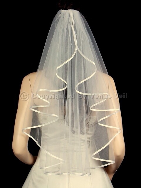 1T Ivory Elbow Length Ribbon Edge Center Cascade Bridal Wedding Veil