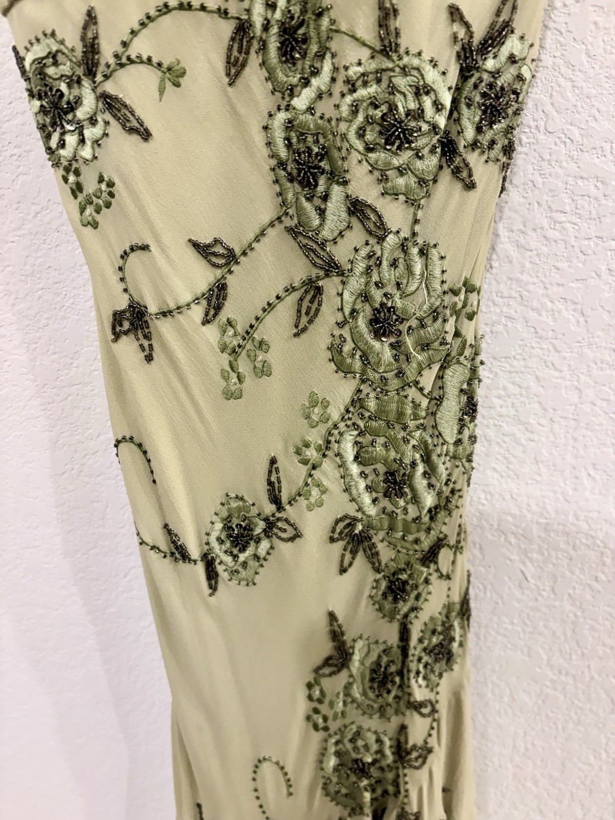 Lillie Rubin 100% Silk Green Beaded Floral Embroidered Dress Size 4 & Scarf