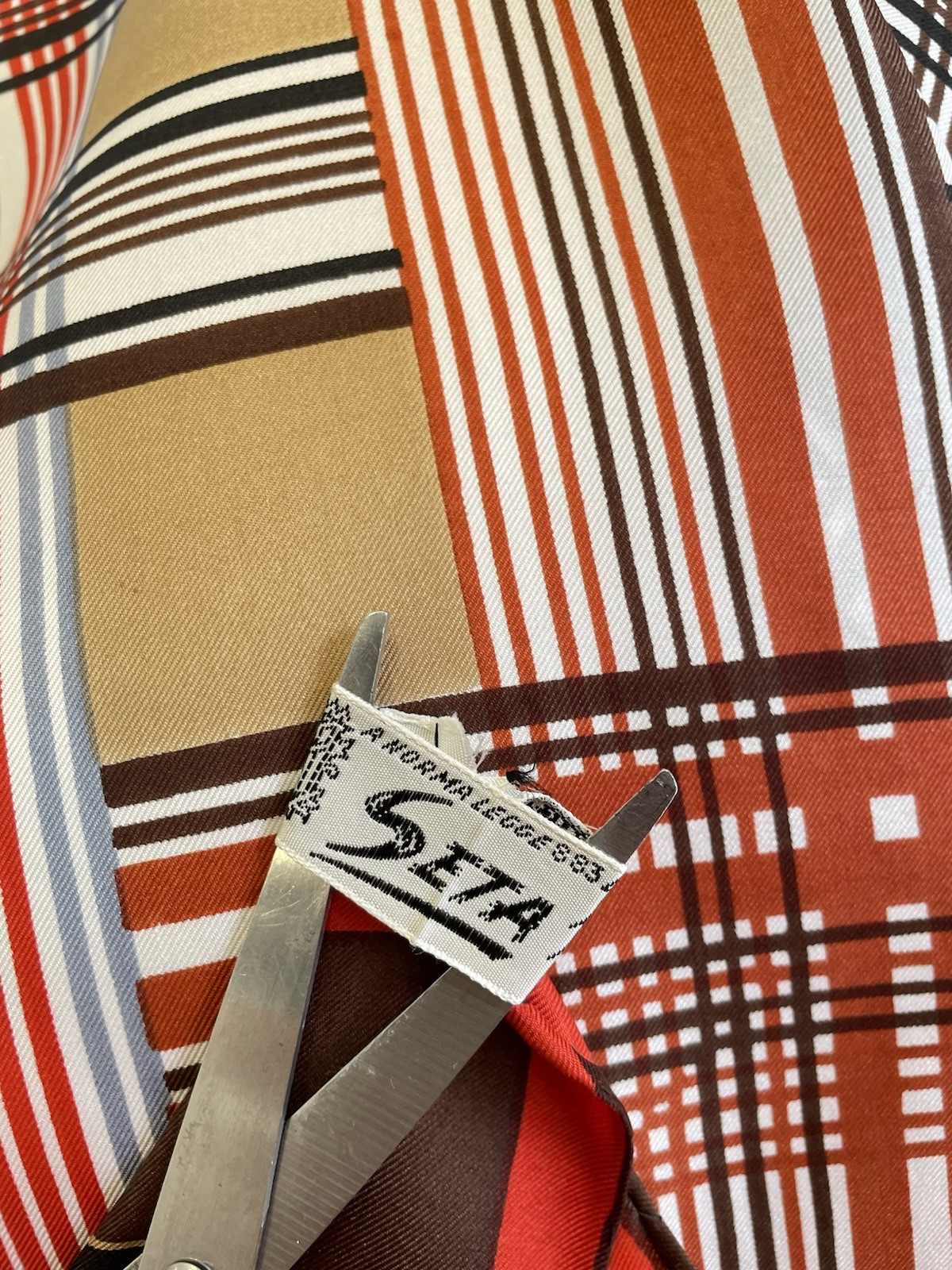 H75# Vintage 100% Pure Silk Scarf Made in Italy Plaid Geometric Brown Orange
