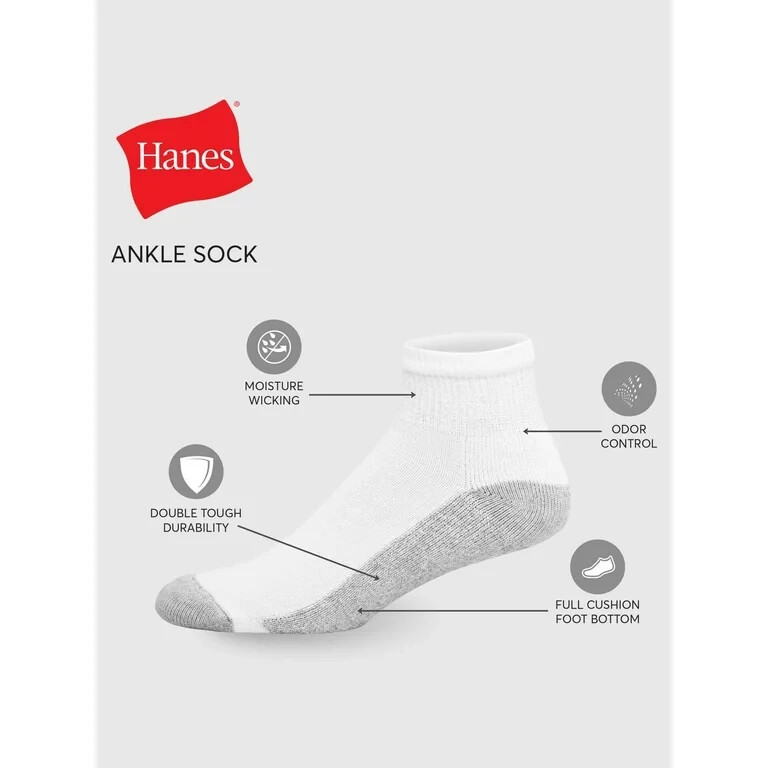 Hanes Men’s Double Tough Ankle Socks 12-Pack, Size 12-14