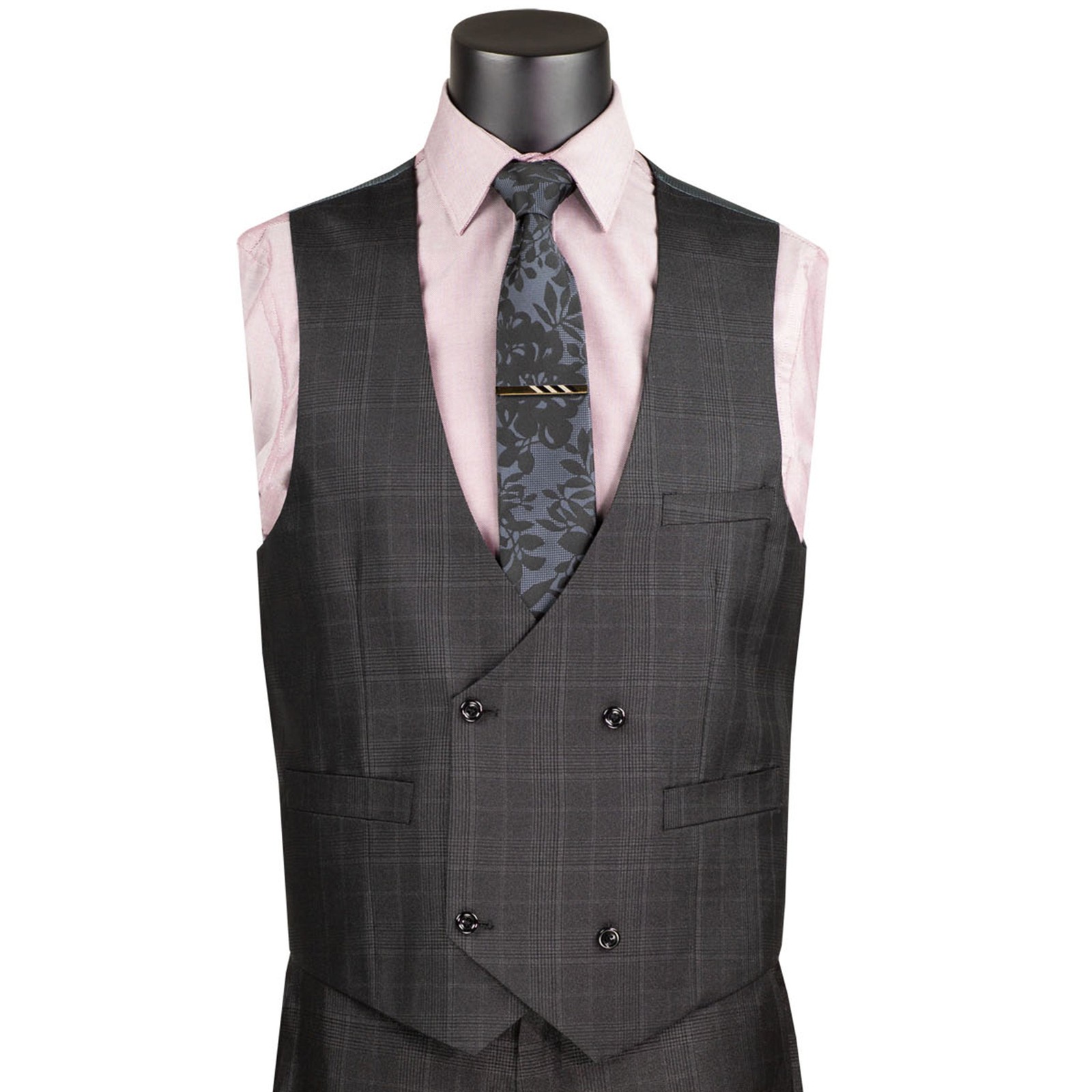 VINCI Men’s Black Sharkskin Glen Plaid 3pc Classic Fit Suit w/ Flex Waist – NEW