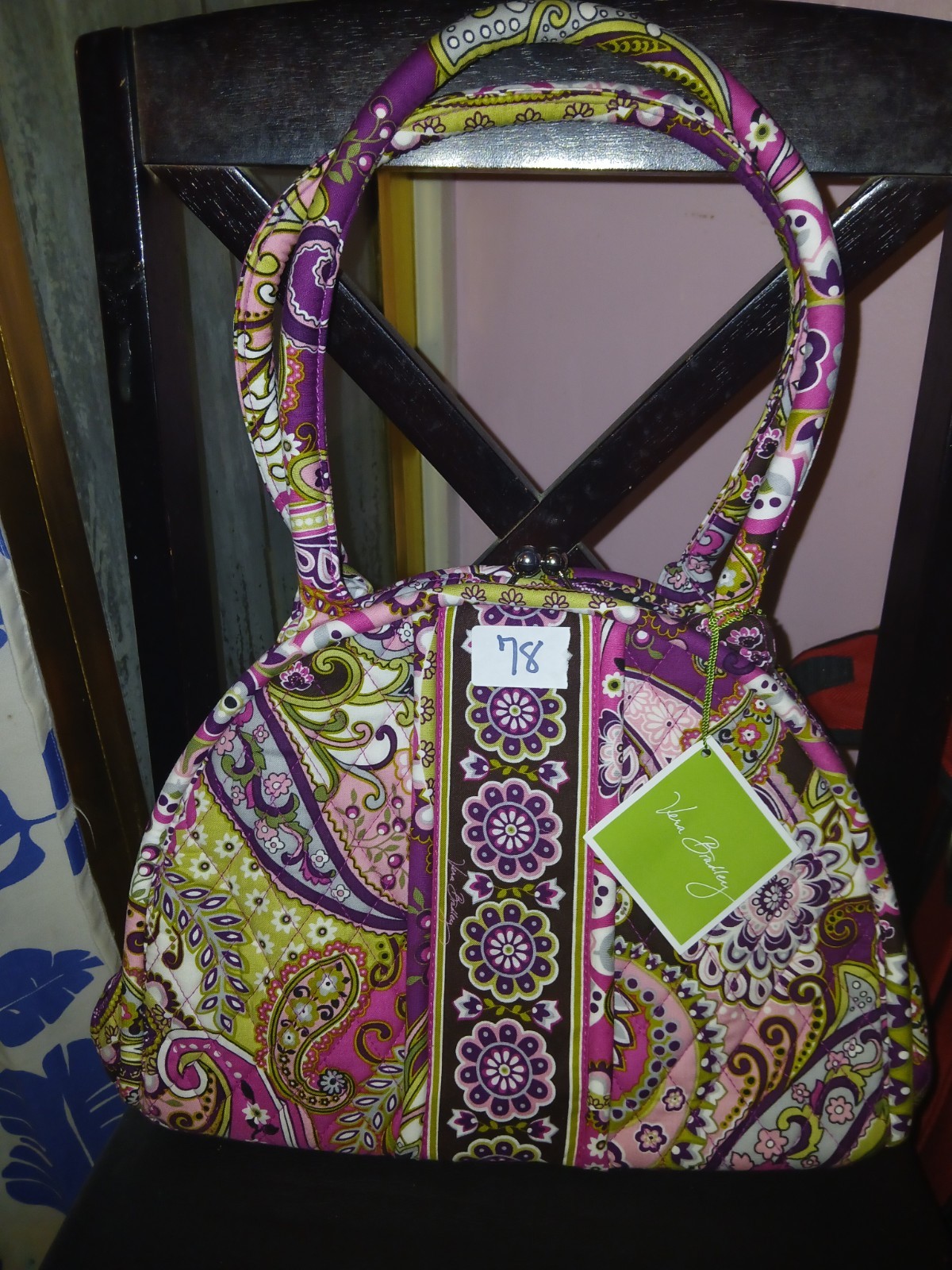 Vera Bradley Purple Pink Floral Paisley Quilted Kisslock Top Handle, Pockets
