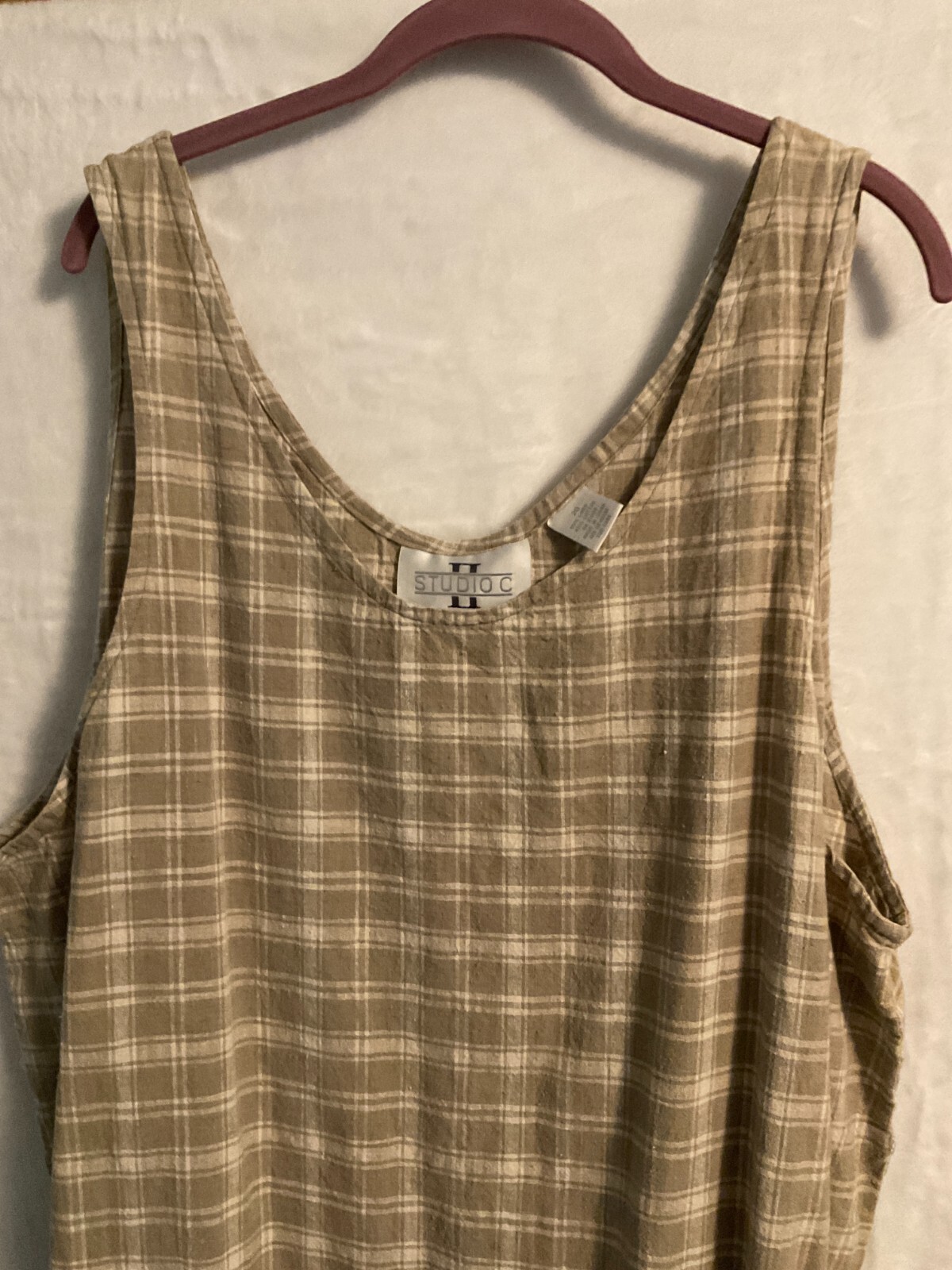 Studio C Beige & White Plaid Multi-Color Cotton, Linen Sleeveless Long Dress