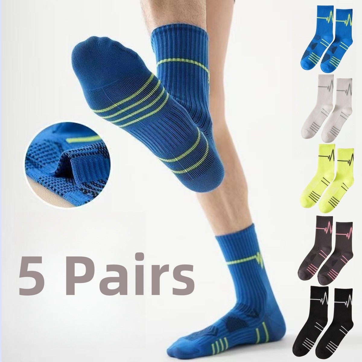5Pairs Running Compression Socks for Men Crew Socks with Cushion Sport socks
