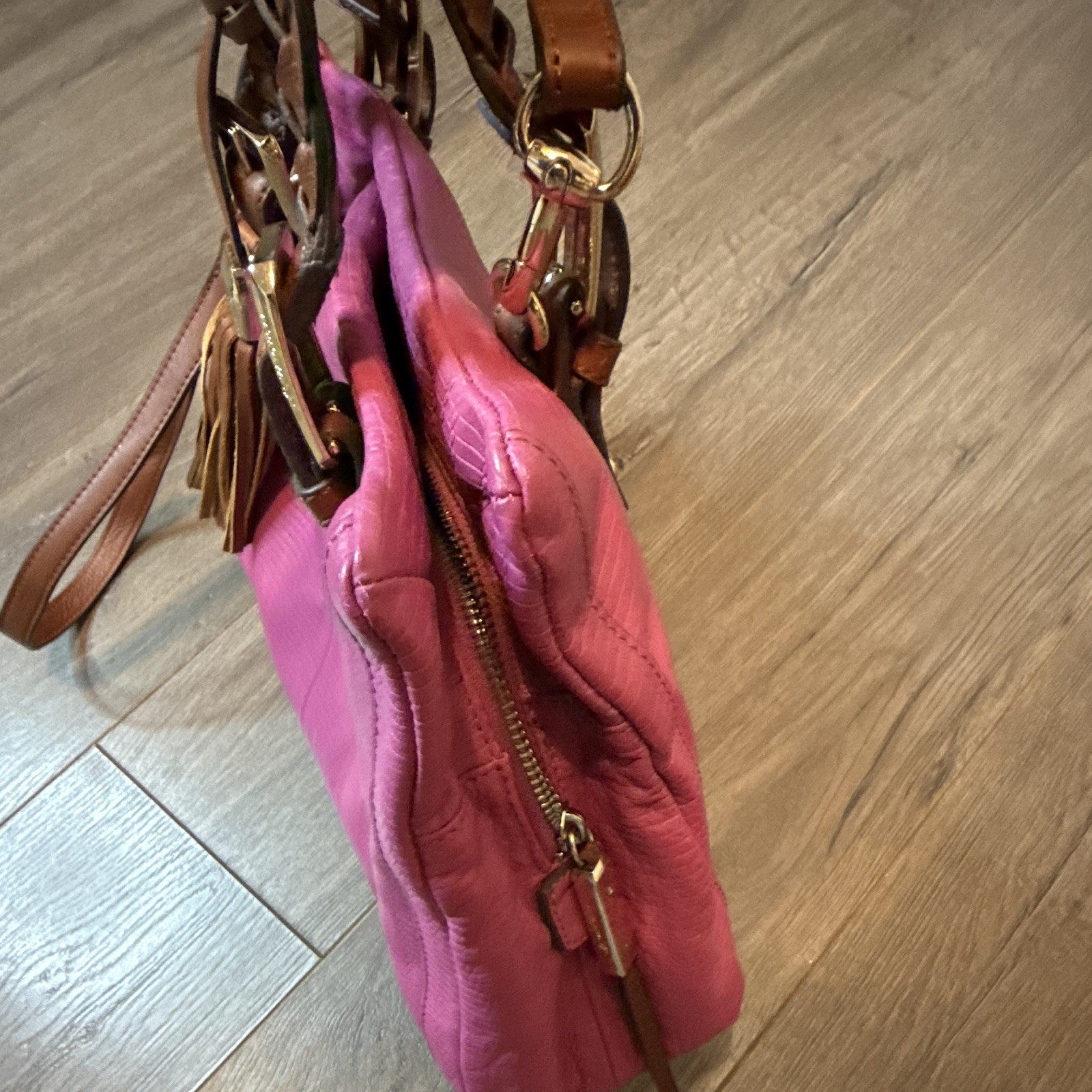 B. Makowsky Pink Satchel Top Handle Zip Lined Inner Pockets Gold Hardware
