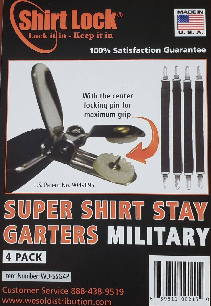 Military Shirt Stays 4pk – Super Stays with the No Slip Clip, Black, Elastic