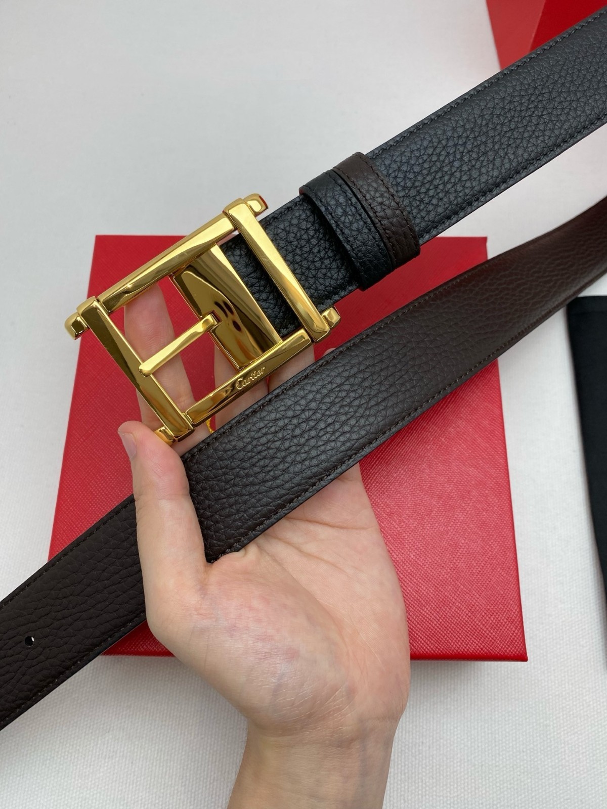 Cartier Black and brown double-sided cowhide men’s Gold buckle belt
