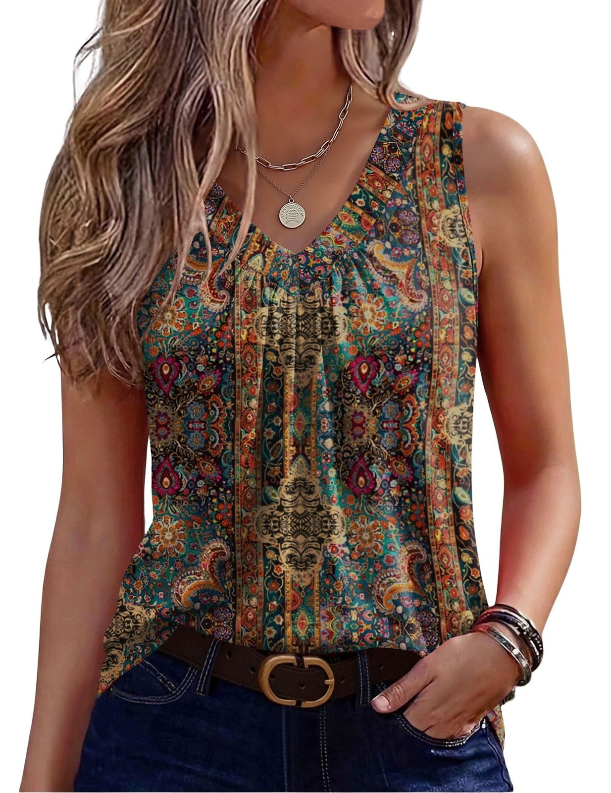 Womens Tank Tops Summer Sleeveless Loose Fit Tops V Neck Pleated Floral Shirt…