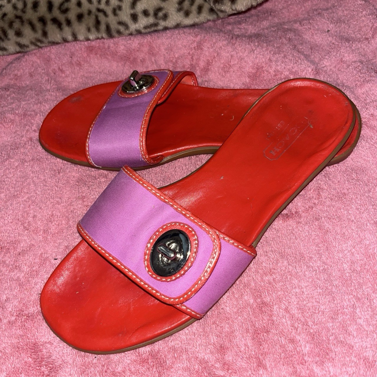 Coach Women’s Slide Sandal US 7 Red Purple Logo Accent Slip-On Synthetic