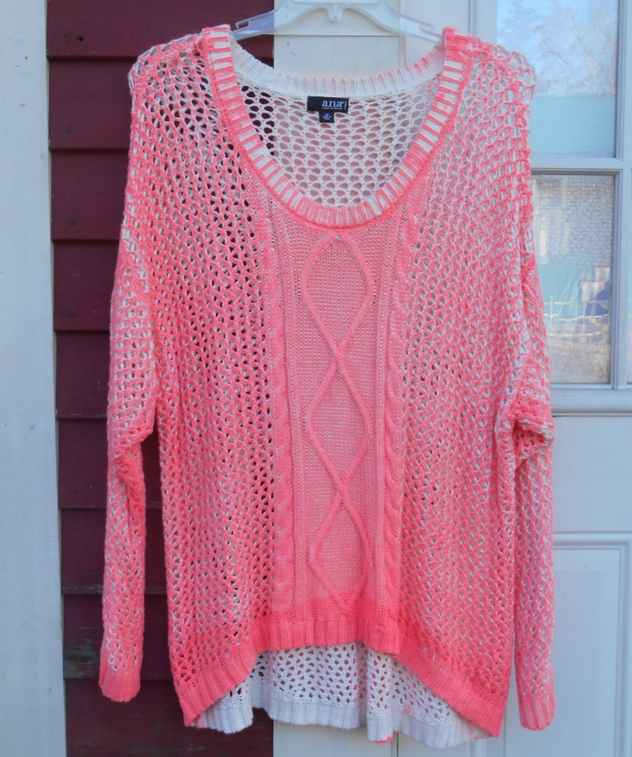 a.n.a. Size 2X Pink White Marled Long Sleeved Round Neck Cotton Blend Sweater