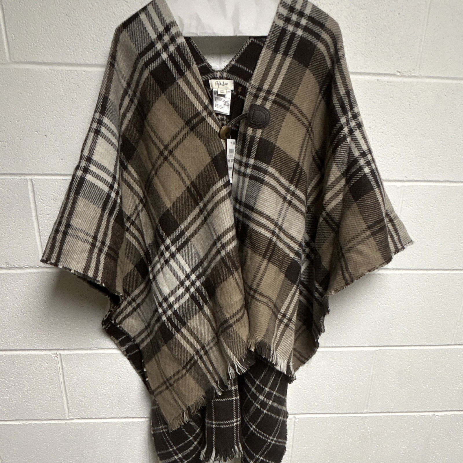 Style & Co Plaid Acrylic Knit Button Shawl Wrap One Size Beige Brown Black