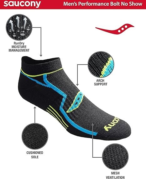 Saucony Men’s RunDry Bolt Performance No-Show Socks in 6 Pair(Select Size/Color)
