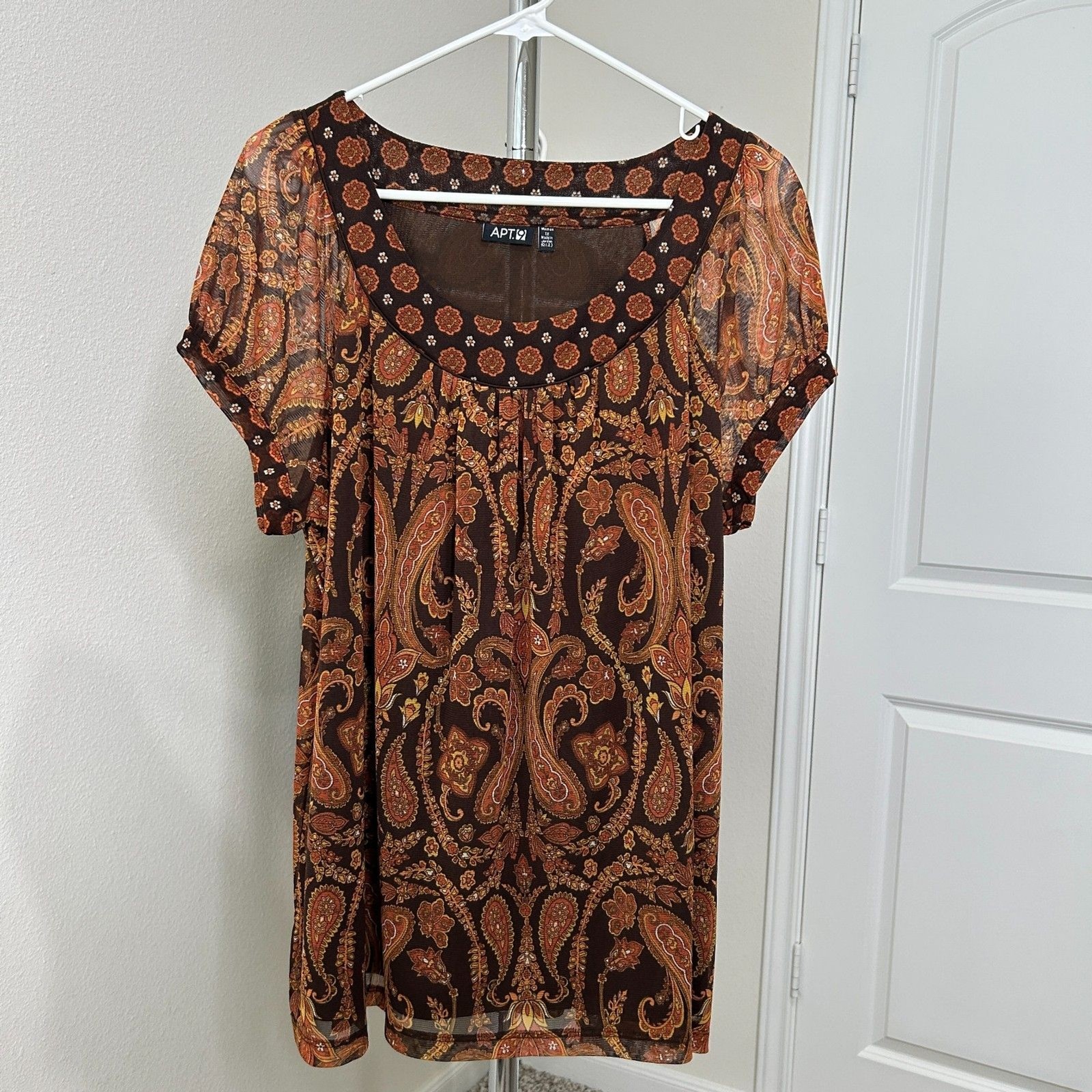 Apt. 9 Blouse Orange Brown Paisley Sheer Mesh Vintage Boho Y2K Earth Tone