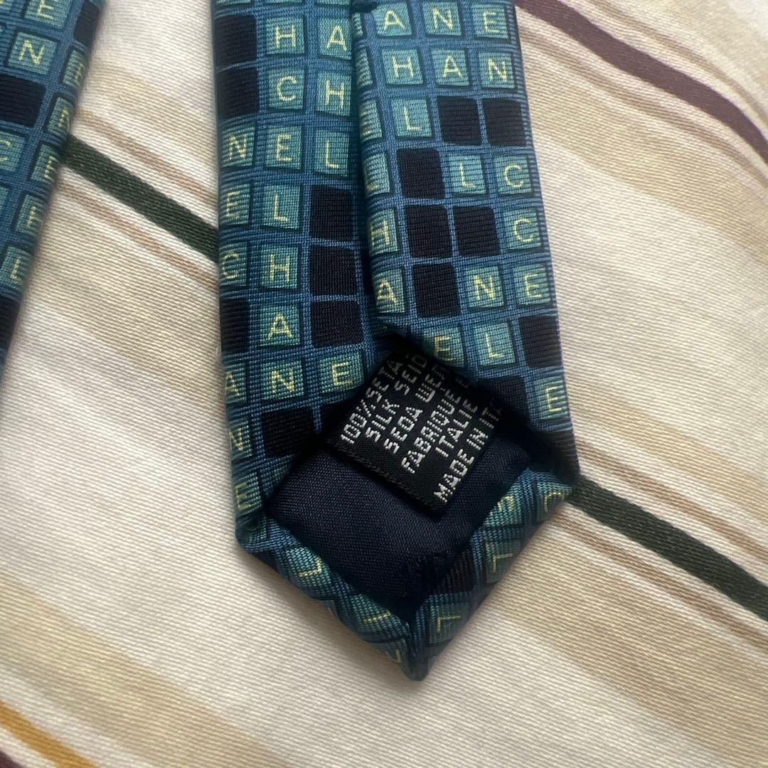 CHANEL Silk Logo Block Pattern Tie Green Black 9.7cm Width Good Condition
