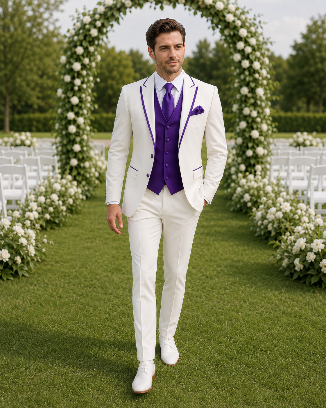 Mens White Purple 3 Piece Suit Blazer Vest Pants Wedding Groom Prom Formal Wear