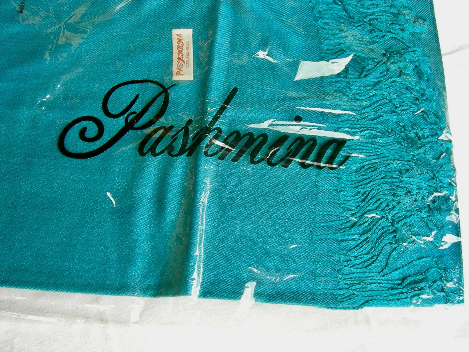 NIP Aqua/Dark Teal Pashmina Scarf- 100% Pashmina -27″ x 75″ w/3″ Fringe